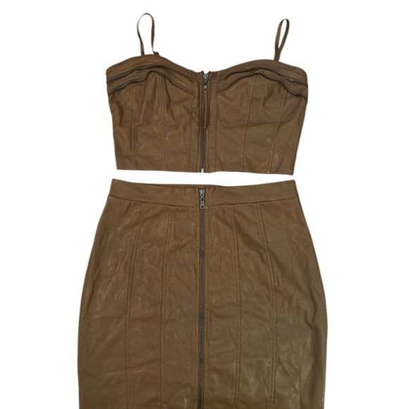 Brown Faux Leather Zippered Women's Skirt Set - Picture 1 of 8